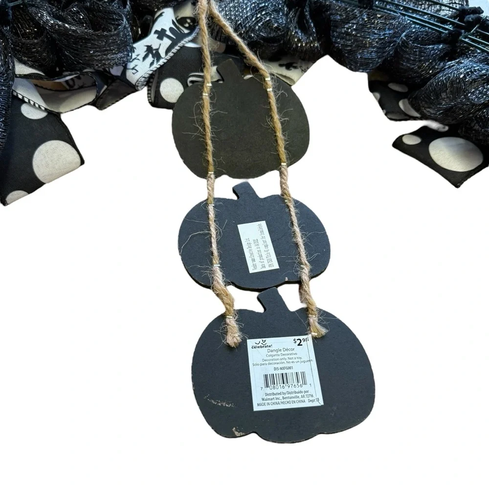 Black Glitter Mesh Halloween Wreath with Orange Flowers Haunted House Ribbon 25